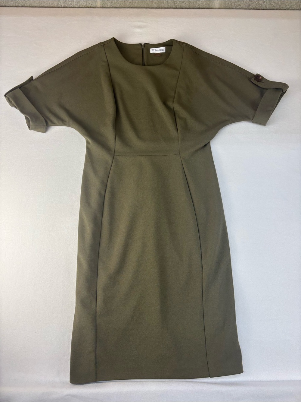 Calvin Klein Olive Green Midi Sheath Dress with Dolman Sleeves